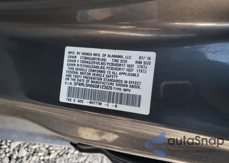 2016 Honda Odyssey Exl z USA, uszkodzony, nr VIN 5FNRL5H66GB123026